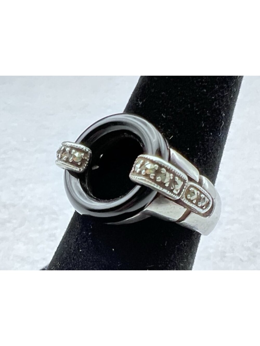Vintage 925 Sterling Silver Black Onyx Marcasite Modernist Ring Size 7.75